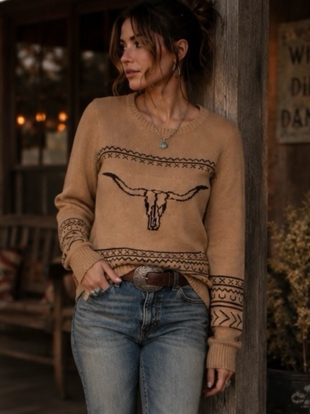 Cotton & Rye Longhorn Western Sweater Brown Sugar Chocolate Small